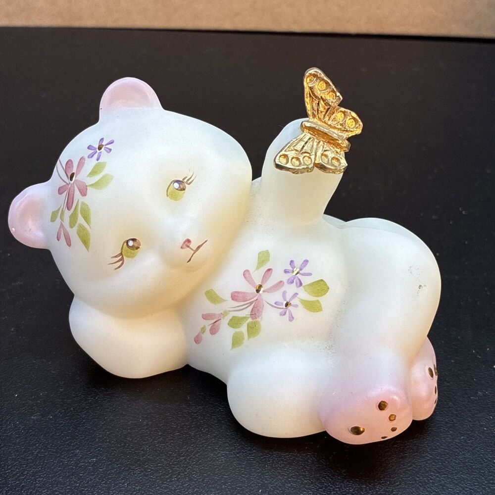 Fenton Art Glass Satin Bear With Butterfly Signed Hand Painted Flowers Original